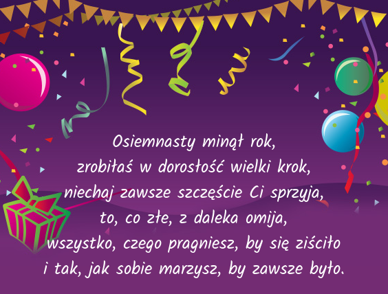 Fioletowa kartka z balonami i życzeniami na 18-stke